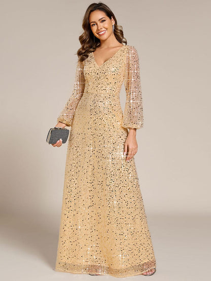 ever RAYVEN|Shimmering All Over V-Neck Long Lantern Sleeve Sequin A-Line Evening Dress
