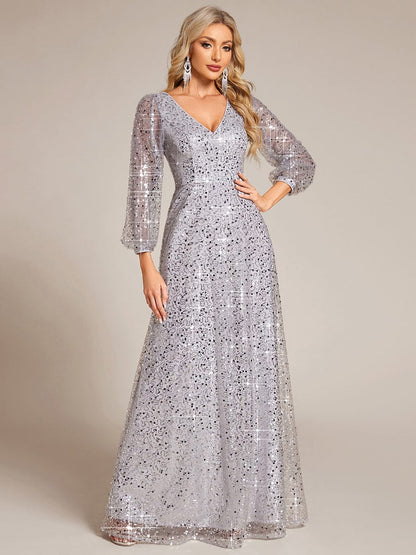 ever RAYVEN|Shimmering All Over V-Neck Long Lantern Sleeve Sequin A-Line Evening Dress