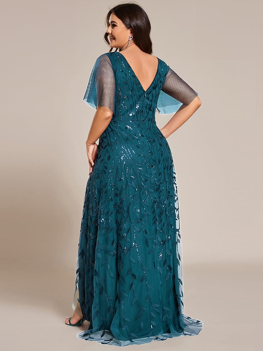 pretty ALIX|Plus Size Short Sleeves Sequin High Low V-Neck Midi Formal Evening Dress