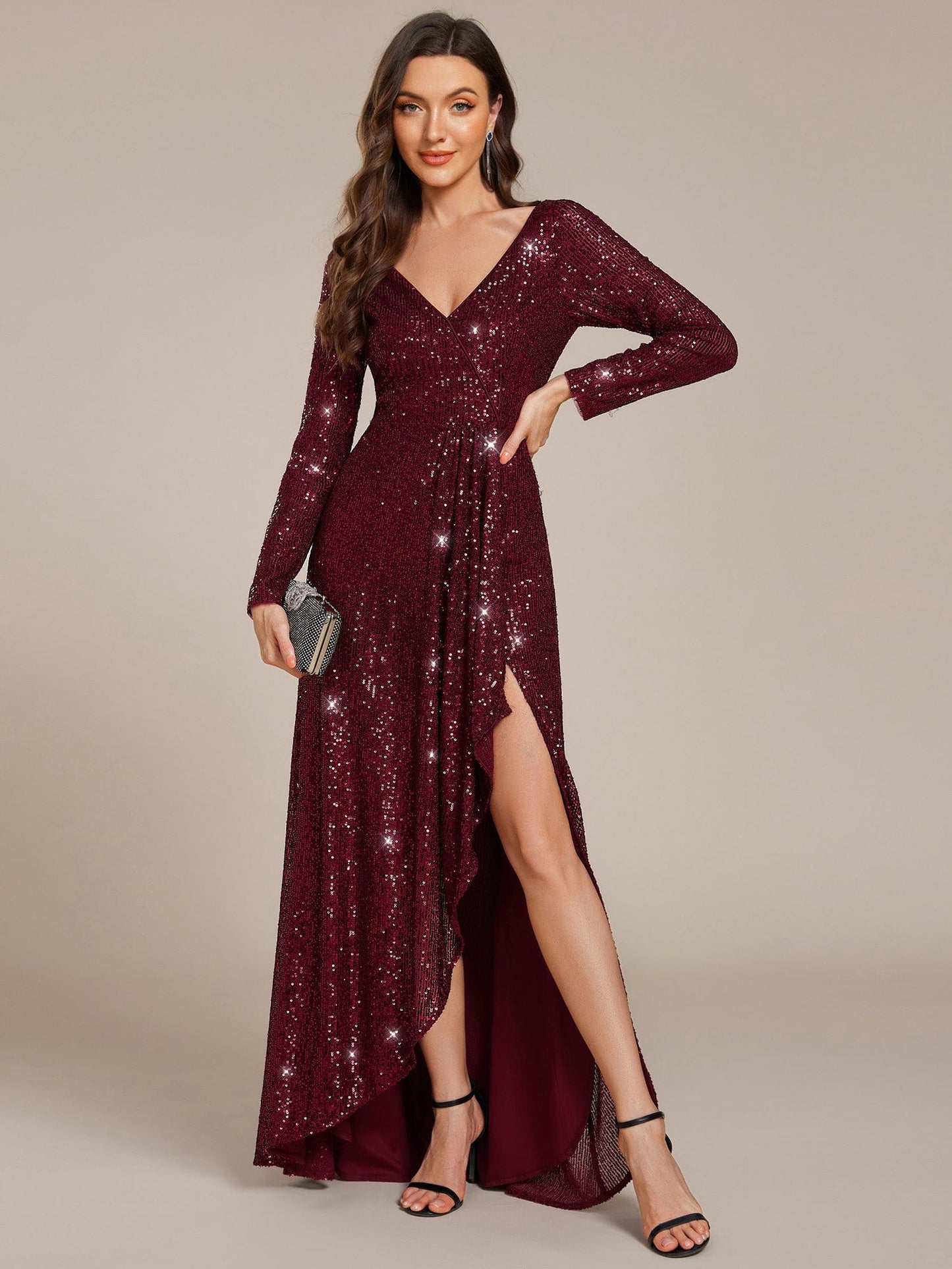 ever SYREN|Sequin Long Sleeve V-neck Asymmetrical Hem Evening Dress