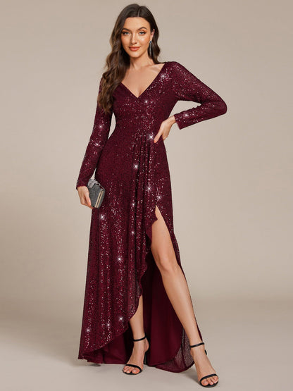 ever SYREN|Sequin Long Sleeve V-neck Asymmetrical Hem Evening Dress