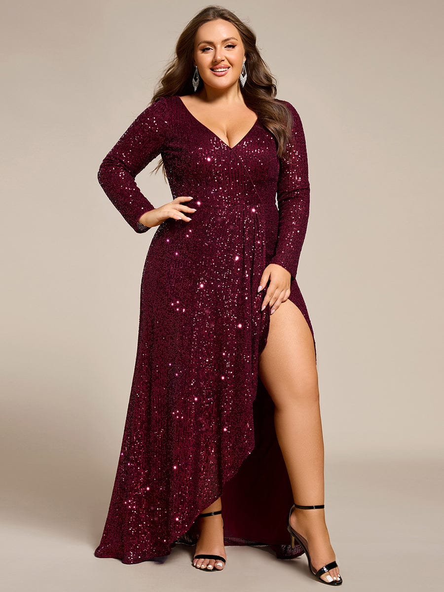 ever SYREN|Sequin Long Sleeve V-neck Asymmetrical Hem Evening Dress
