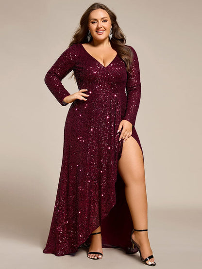 ever SYREN|Sequin Long Sleeve V-neck Asymmetrical Hem Evening Dress