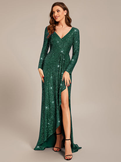 ever SYREN|Sequin Long Sleeve V-neck Asymmetrical Hem Evening Dress