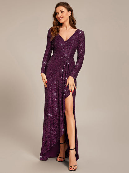 ever SYREN|Sequin Long Sleeve V-neck Asymmetrical Hem Evening Dress