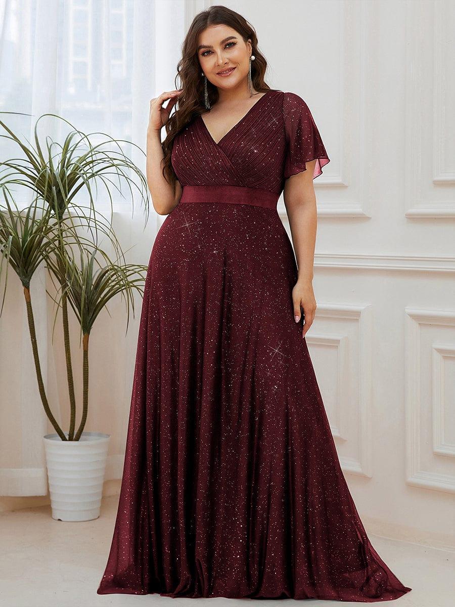 ever LIORÉ|Sparkling Short Sleeve V-Neck Ribbon Waist A-Line Bridesmaid Dress