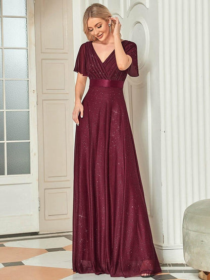 ever LIORÉ|Sparkling Short Sleeve V-Neck Ribbon Waist A-Line Bridesmaid Dress