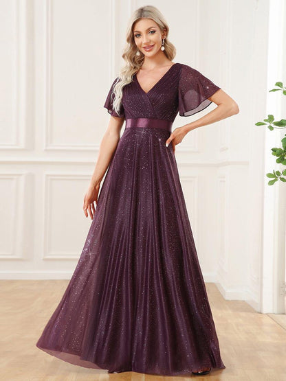 ever LIORÉ|Sparkling Short Sleeve V-Neck Ribbon Waist A-Line Bridesmaid Dress