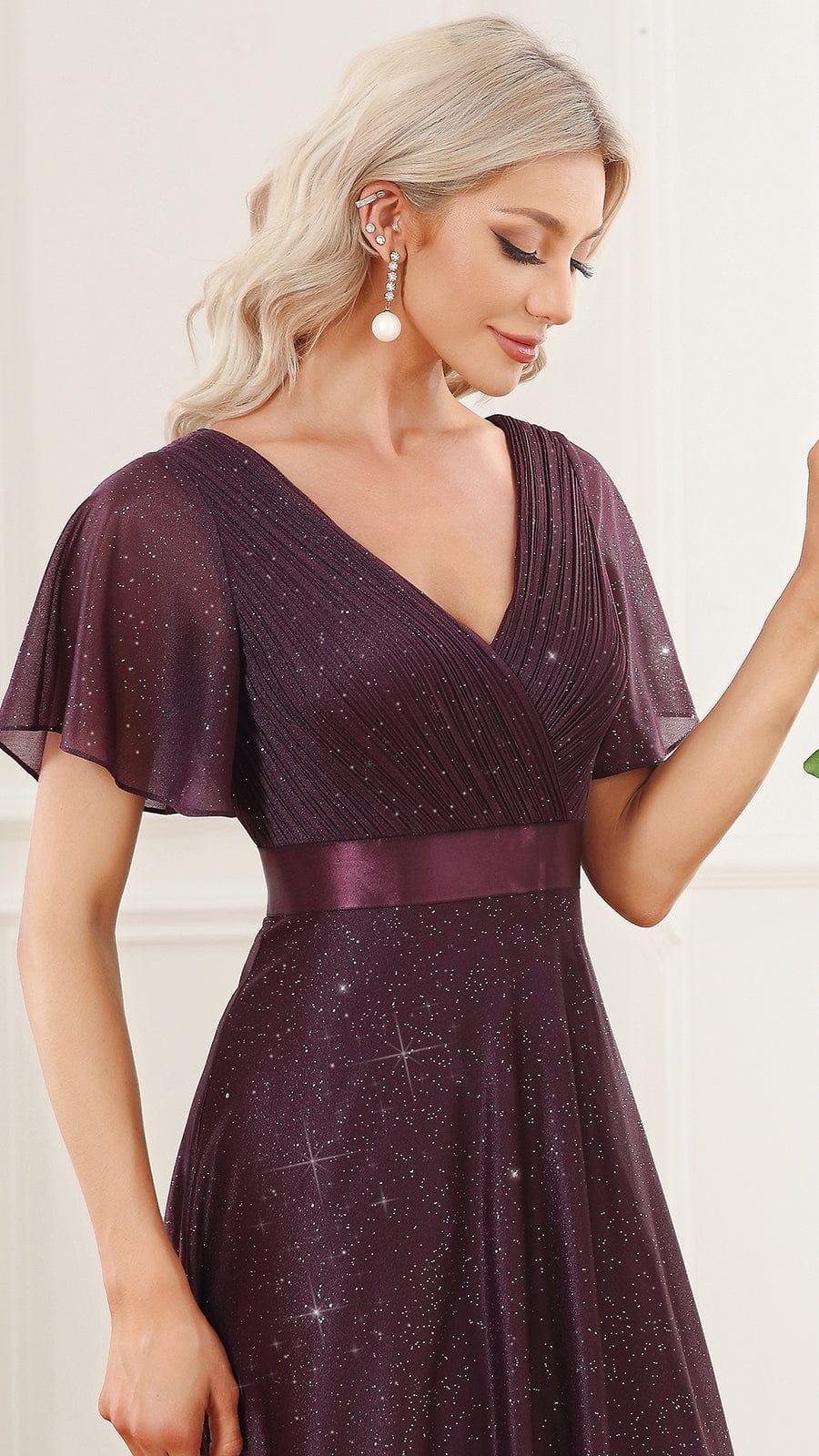 ever LIORÉ|Sparkling Short Sleeve V-Neck Ribbon Waist A-Line Bridesmaid Dress