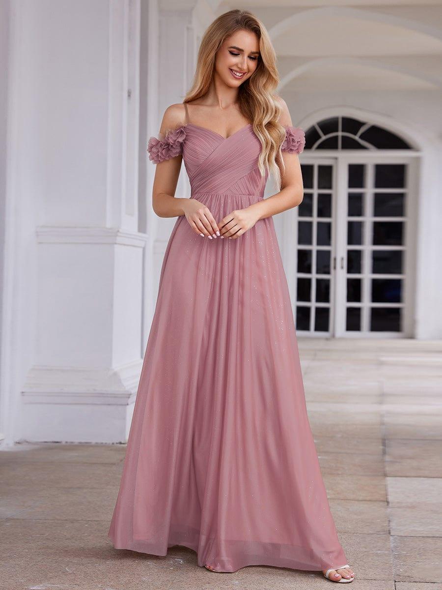 ever AYLANI|Sparkling V-Neck Floral Cold-Shoulder Evening Dress with Pleated