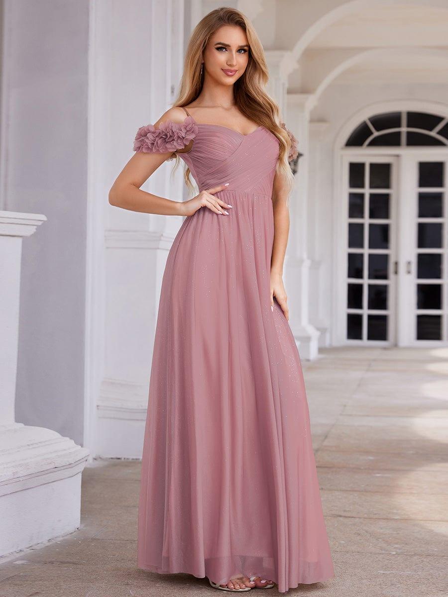 ever AYLANI|Sparkling V-Neck Floral Cold-Shoulder Evening Dress with Pleated