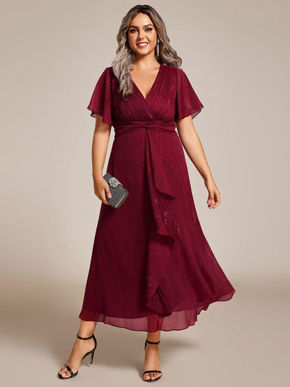 pretty OPAHL|Plus Size Silver Metallic Fabric V-Neck A-Line Wedding Guest Dress featuring Delicate Ruffled Hem
