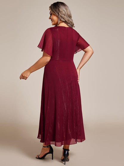 ever OPAHL|Silver Metallic Fabric V-Neck A-Line Evening Dress Featuring Delicate Ruffled Hem