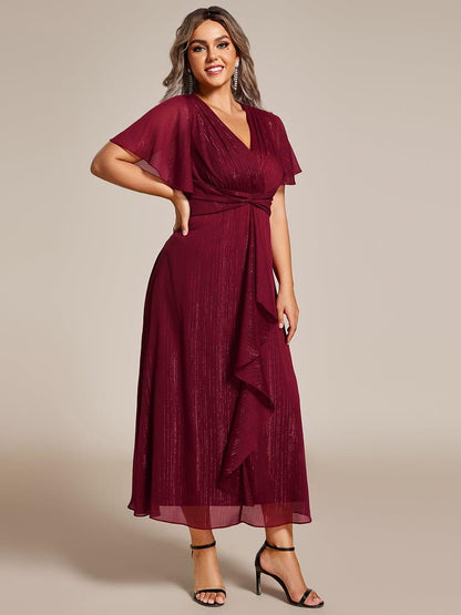 ever OPAHL|Silver Metallic Fabric V-Neck A-Line Evening Dress Featuring Delicate Ruffled Hem
