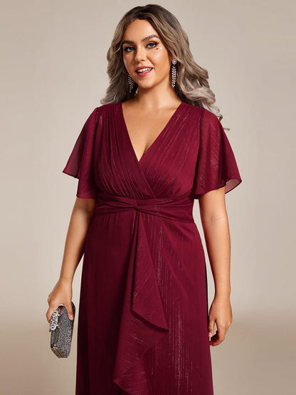 ever OPAHL|Silver Metallic Fabric V-Neck A-Line Evening Dress Featuring Delicate Ruffled Hem