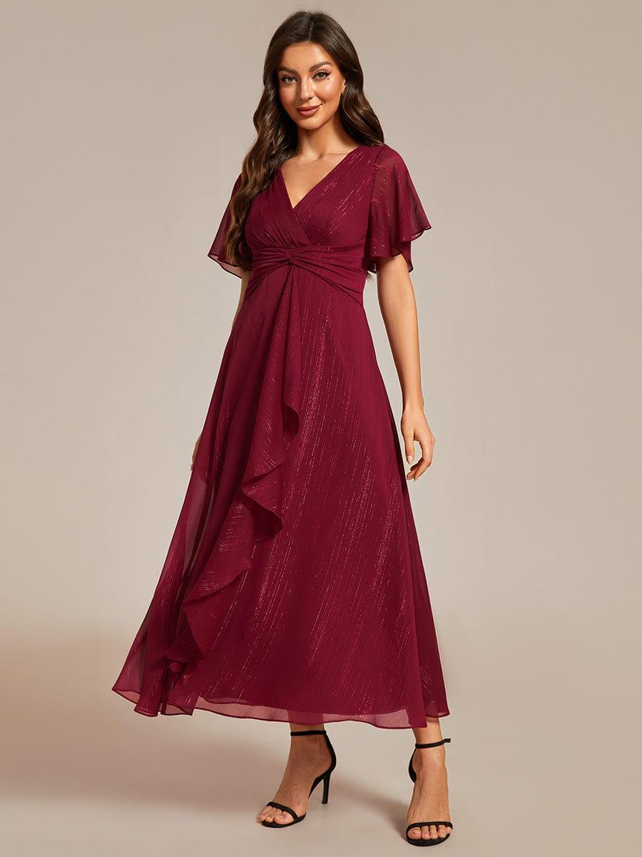 ever OPAHL|Silver Metallic Fabric V-Neck A-Line Evening Dress Featuring Delicate Ruffled Hem