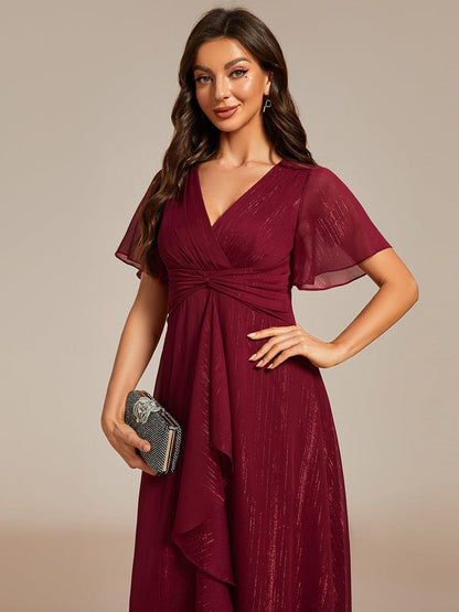 ever OPAHL|Silver Metallic Fabric V-Neck A-Line Evening Dress Featuring Delicate Ruffled Hem