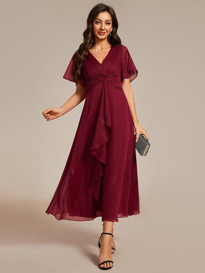ever OPAHL|Silver Metallic Fabric V-Neck A-Line Evening Dress Featuring Delicate Ruffled Hem