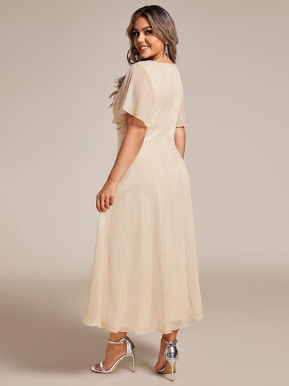pretty OPAHL|Plus Size Silver Metallic Fabric V-Neck A-Line Wedding Guest Dress featuring Delicate Ruffled Hem