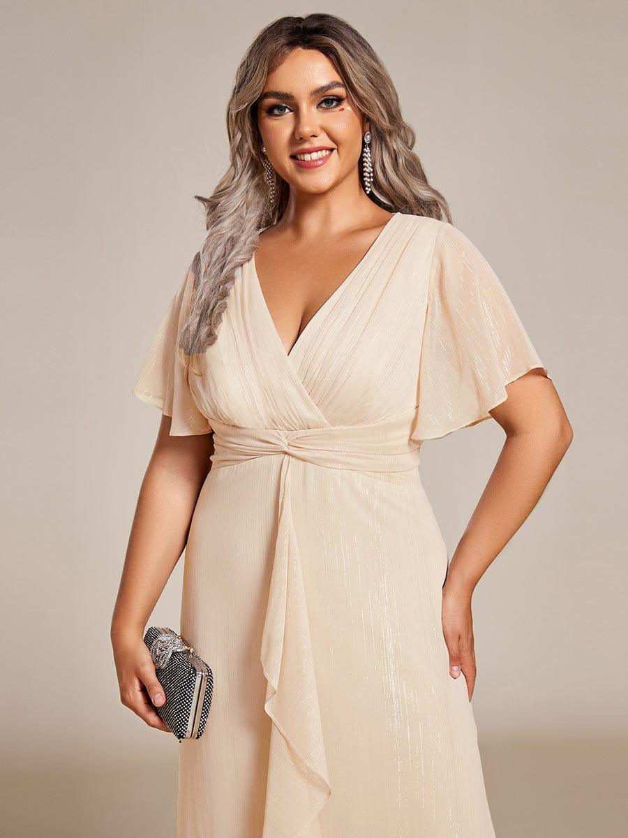 ever OPAHL|Silver Metallic Fabric V-Neck A-Line Evening Dress Featuring Delicate Ruffled Hem