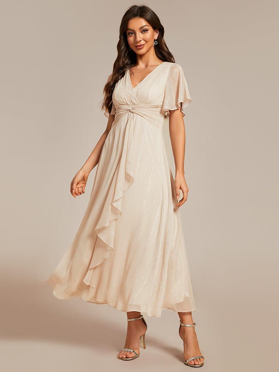 ever OPAHL|Silver Metallic Fabric V-Neck A-Line Evening Dress Featuring Delicate Ruffled Hem