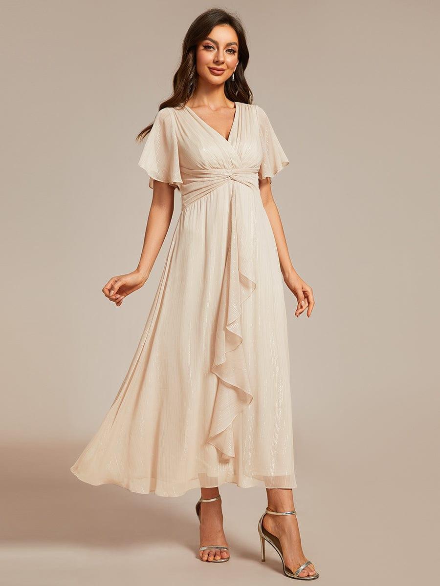 ever OPAHL|Silver Metallic Fabric V-Neck A-Line Evening Dress Featuring Delicate Ruffled Hem