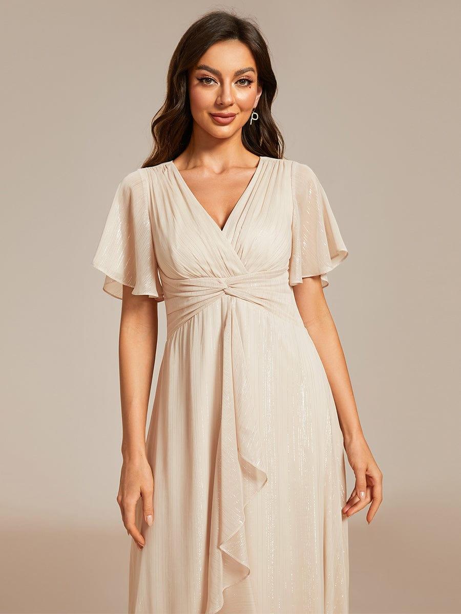 ever OPAHL|Silver Metallic Fabric V-Neck A-Line Evening Dress Featuring Delicate Ruffled Hem