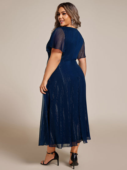 ever OPAHL|Silver Metallic Fabric V-Neck A-Line Evening Dress Featuring Delicate Ruffled Hem