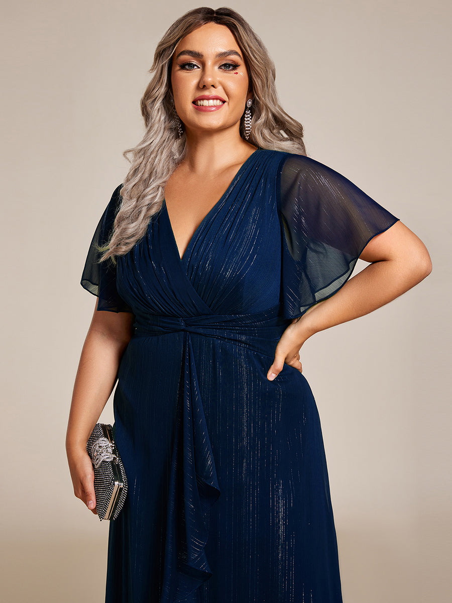 ever OPAHL|Silver Metallic Fabric V-Neck A-Line Evening Dress Featuring Delicate Ruffled Hem