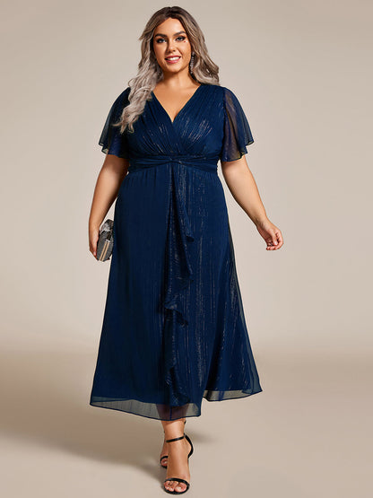ever OPAHL|Silver Metallic Fabric V-Neck A-Line Evening Dress Featuring Delicate Ruffled Hem