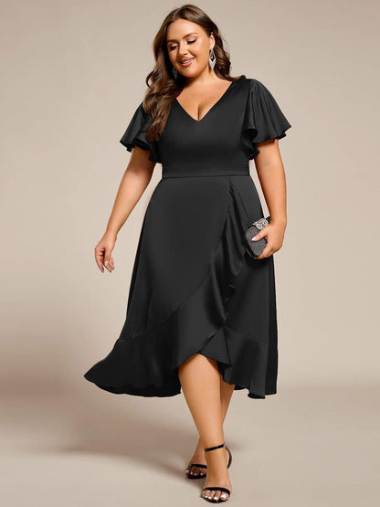 pretty SAIGE|Plus Size V-Neck Satin Midi Wedding Guest Dress with Ruffled Skirt