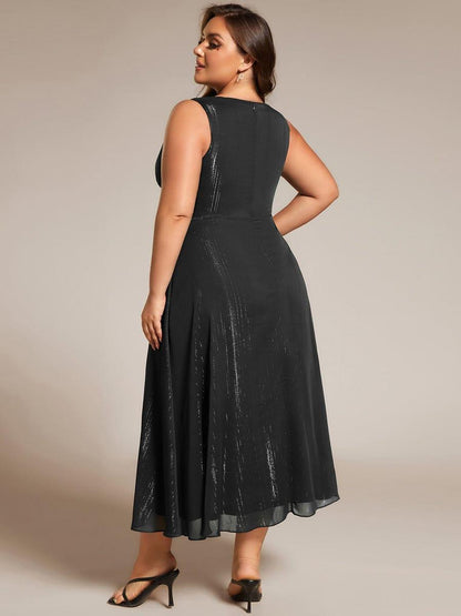 ever MEI|Glitter Sleeveless A-Line Midi Wedding Guest Dress with Ruffled Hem