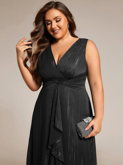ever MEI|Glitter Sleeveless A-Line Midi Wedding Guest Dress with Ruffled Hem