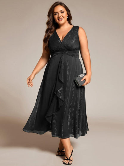 ever MEI|Glitter Sleeveless A-Line Midi Wedding Guest Dress with Ruffled Hem