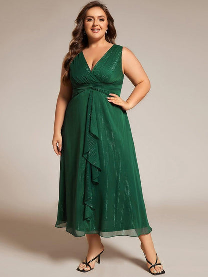 ever MEI|Glitter Sleeveless A-Line Midi Wedding Guest Dress with Ruffled Hem