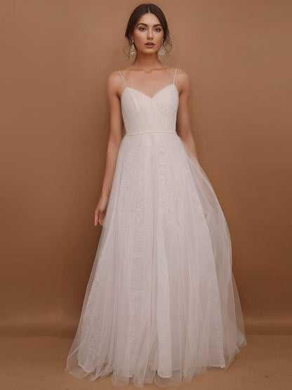 Spaghetti Strap Waist Pearl Sweetheart Collar Tulle Wedding Dress with Lace