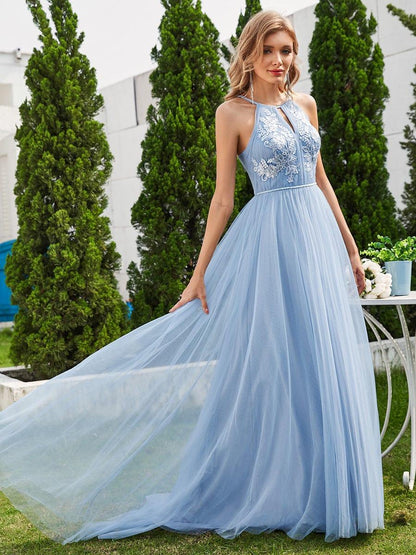 NORESSA'S BRIDE|A-Line Halter Neck Applique Wedding Dress with Tulle