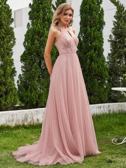 NORESSA'S BRIDE|A-Line Halter Neck Applique Wedding Dress with Tulle