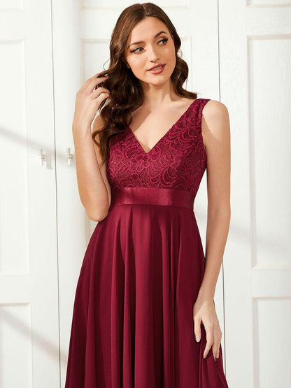 ever COSTA|Deep V-Neck Lace Chiffon Bridesmaid Dress with Asymmetrical Hem