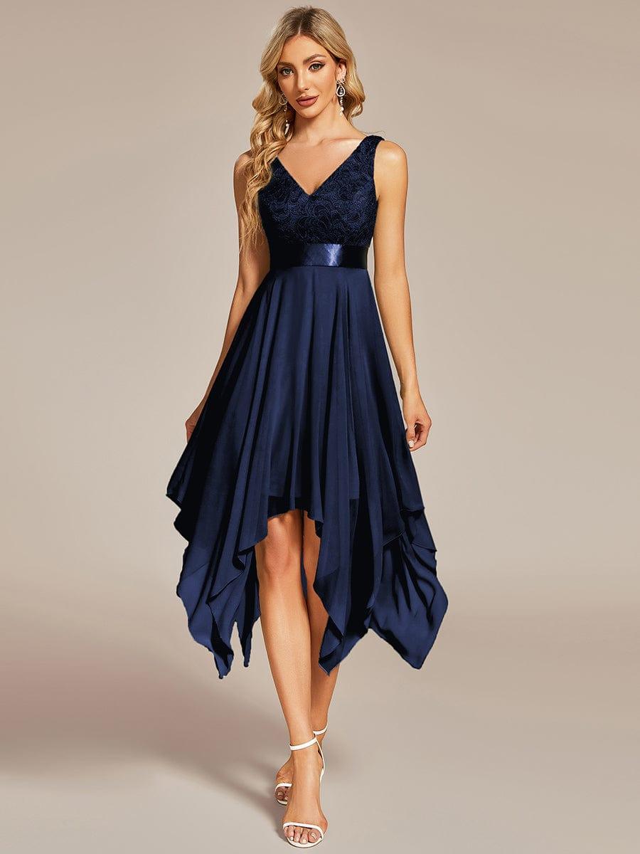 ever COSTA|Deep V-Neck Lace Chiffon Bridesmaid Dress with Asymmetrical Hem