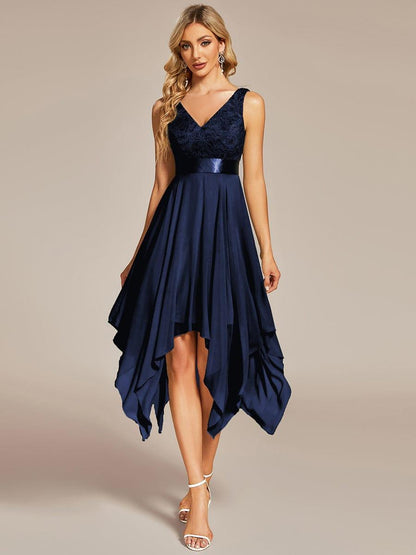 ever COSTA|Deep V-Neck Lace Chiffon Bridesmaid Dress with Asymmetrical Hem