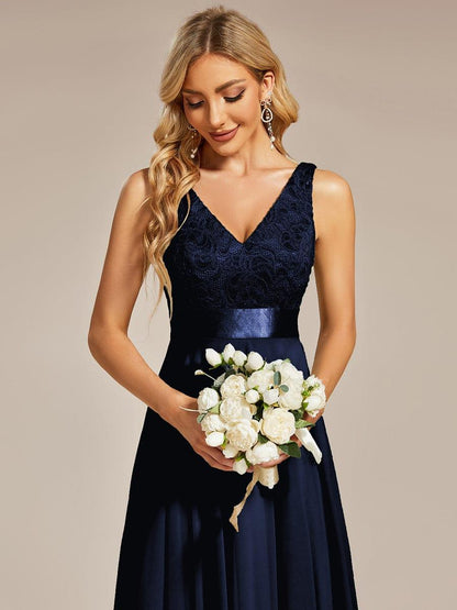 ever COSTA|Deep V-Neck Lace Chiffon Bridesmaid Dress with Asymmetrical Hem