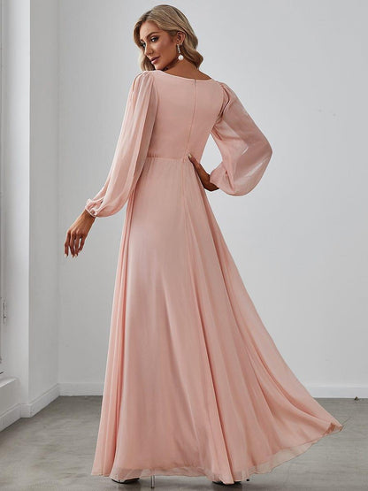 ever AMOUR|Elegant Chiffon V-Neckline Long Sleeve Wedding Guest Dress