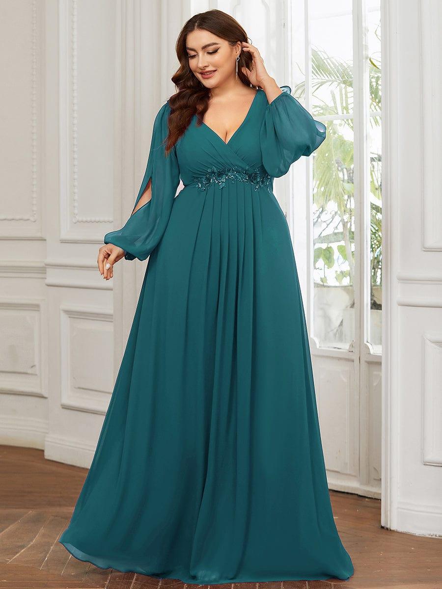 ever AMOUR|Elegant Chiffon V-Neckline Long Sleeve Wedding Guest Dress