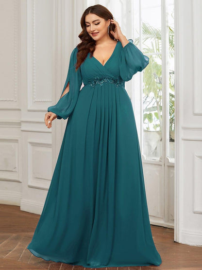 ever AMOUR|Elegant Chiffon V-Neckline Long Sleeve Wedding Guest Dress