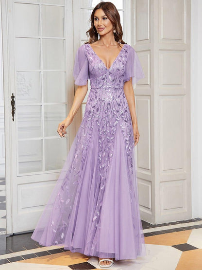 ever ASTRAL|Elegant Ruffle Sleeves Maxi Sequin Mother of the Bride Dress