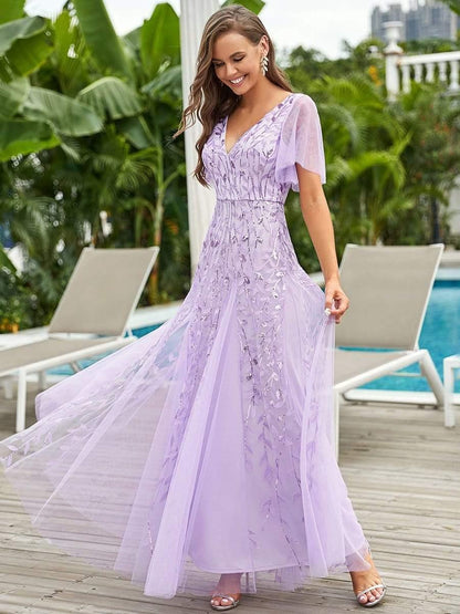 ever ASTRAL|Ruffle Sleeves Leaf Sequin Maxi Bridesmaid Dress