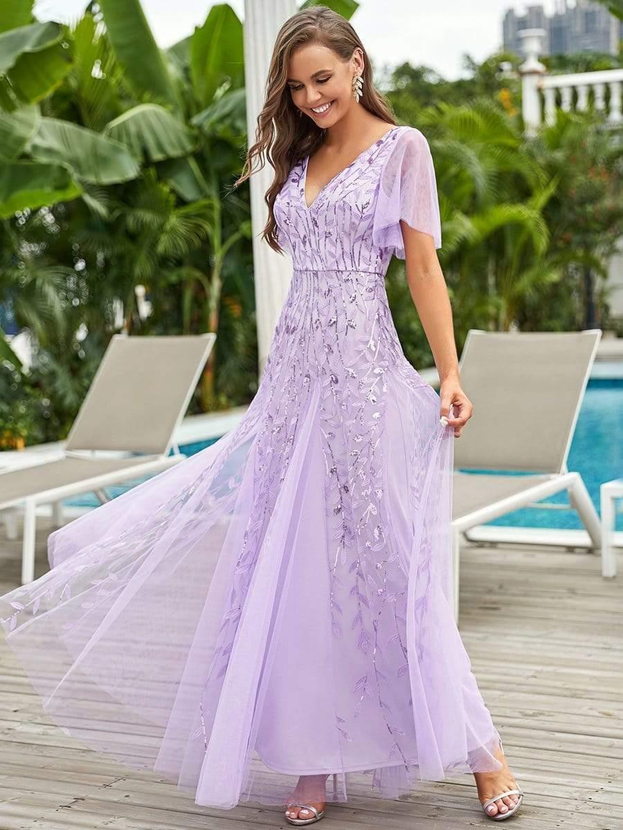 ever ASTRAL|Elegant Ruffle Sleeves Maxi Sequin Mother of the Bride Dress