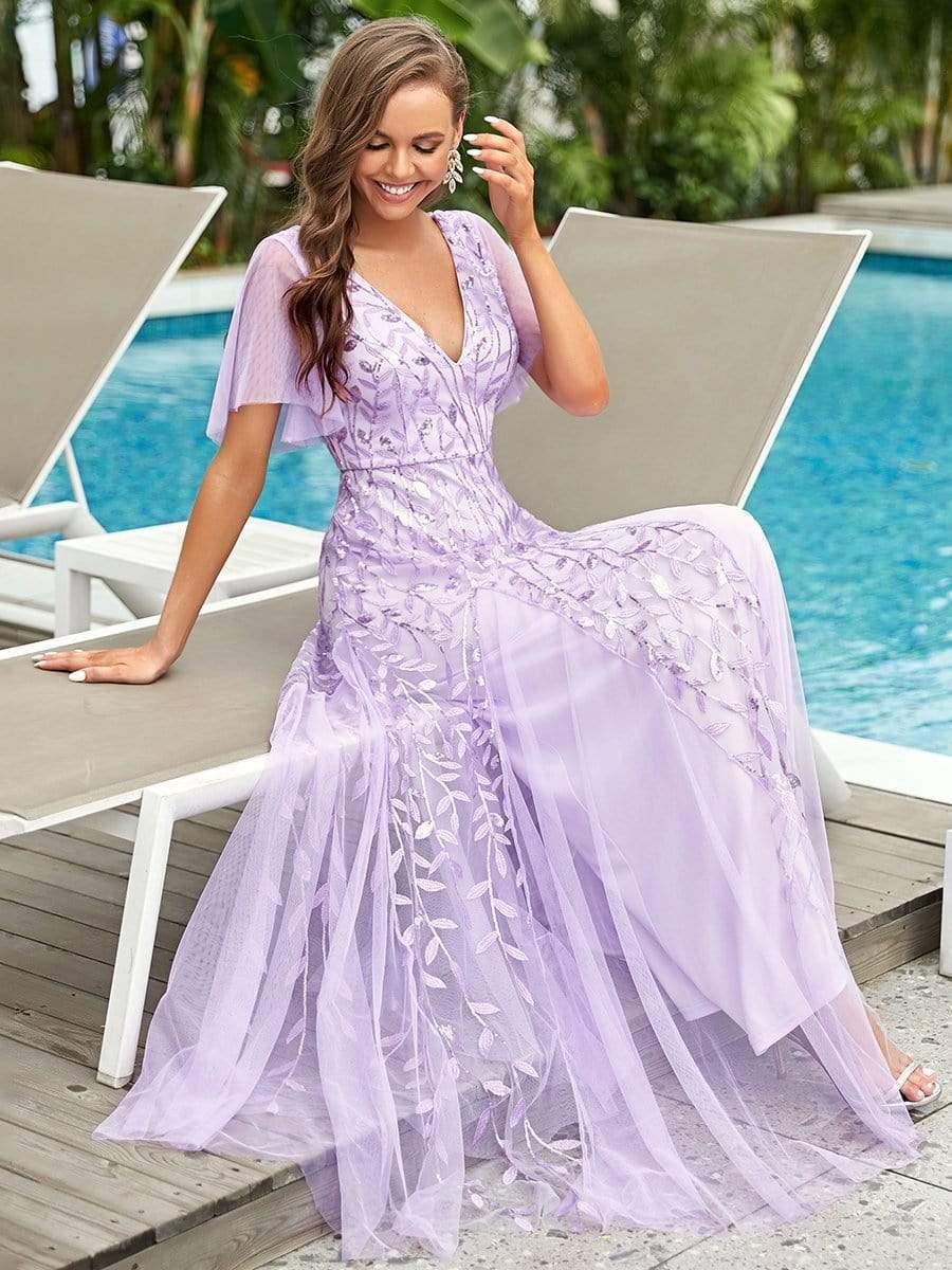 ever ASTRAL|Ruffle Sleeves Leaf Sequin Maxi Bridesmaid Dress