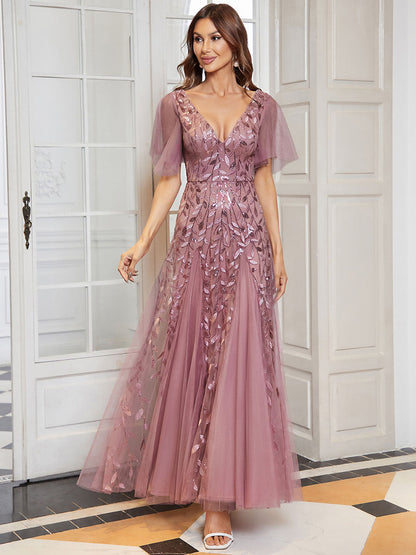 ever ASTRAL|Elegant Ruffle Sleeves Maxi Sequin Mother of the Bride Dress